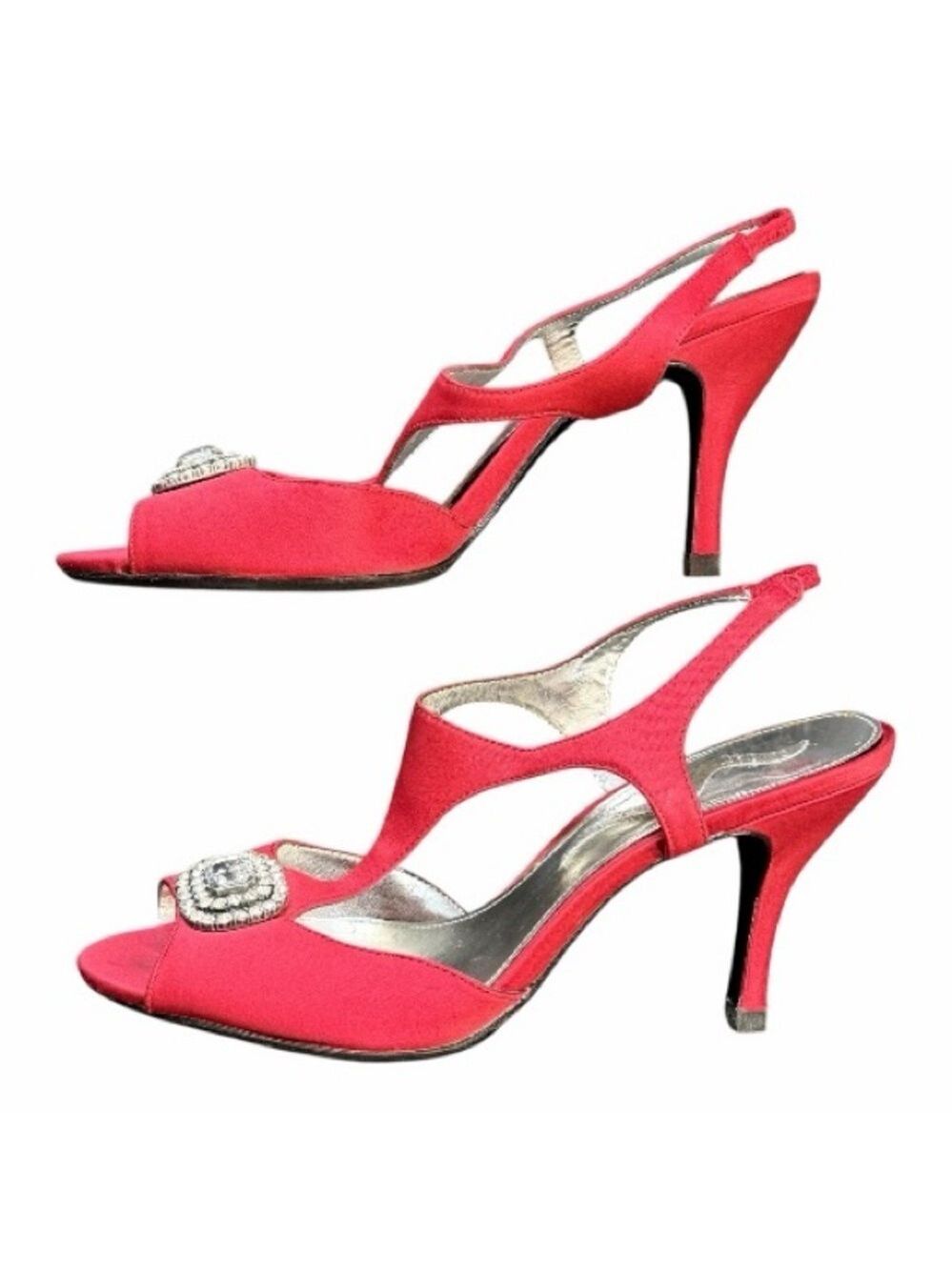 Nina Red Satin Embellished Slingback 3.5” Heels Size 7.5 Leather Soles Peep-toe